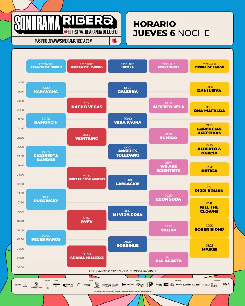 Horarios del jueves 6 de agosto en Sonorama Ribera 2026