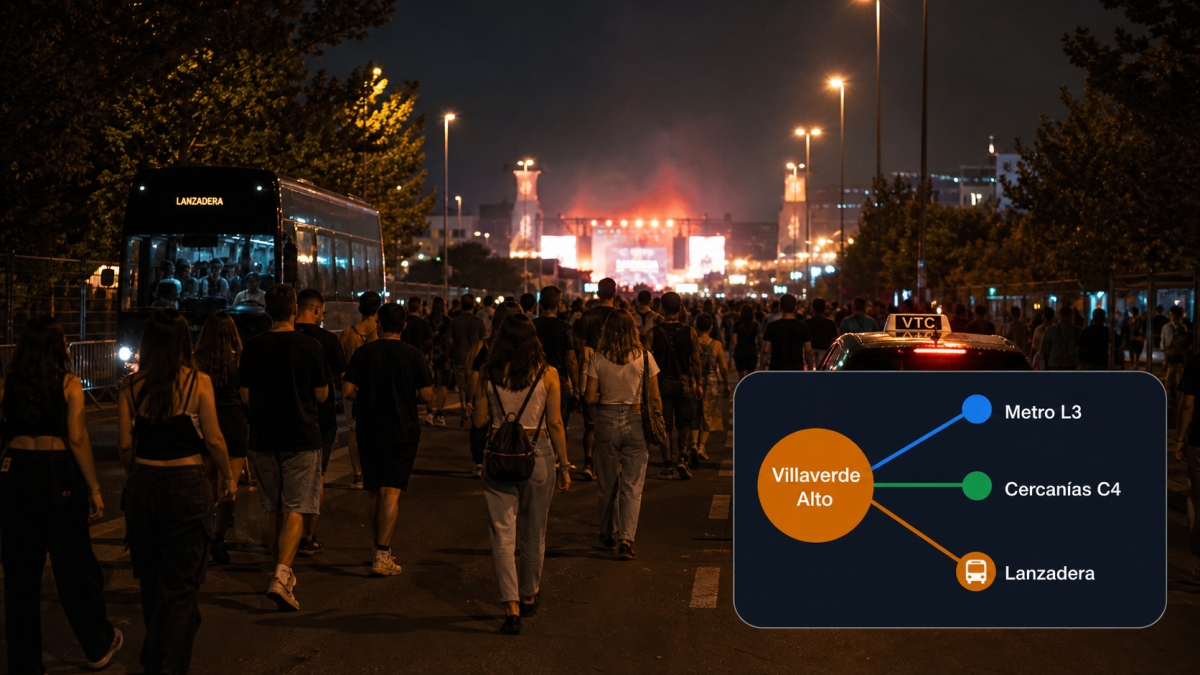 Público saliendo de Mad Cool 2026 con guía visual de transporte desde Villaverde Alto