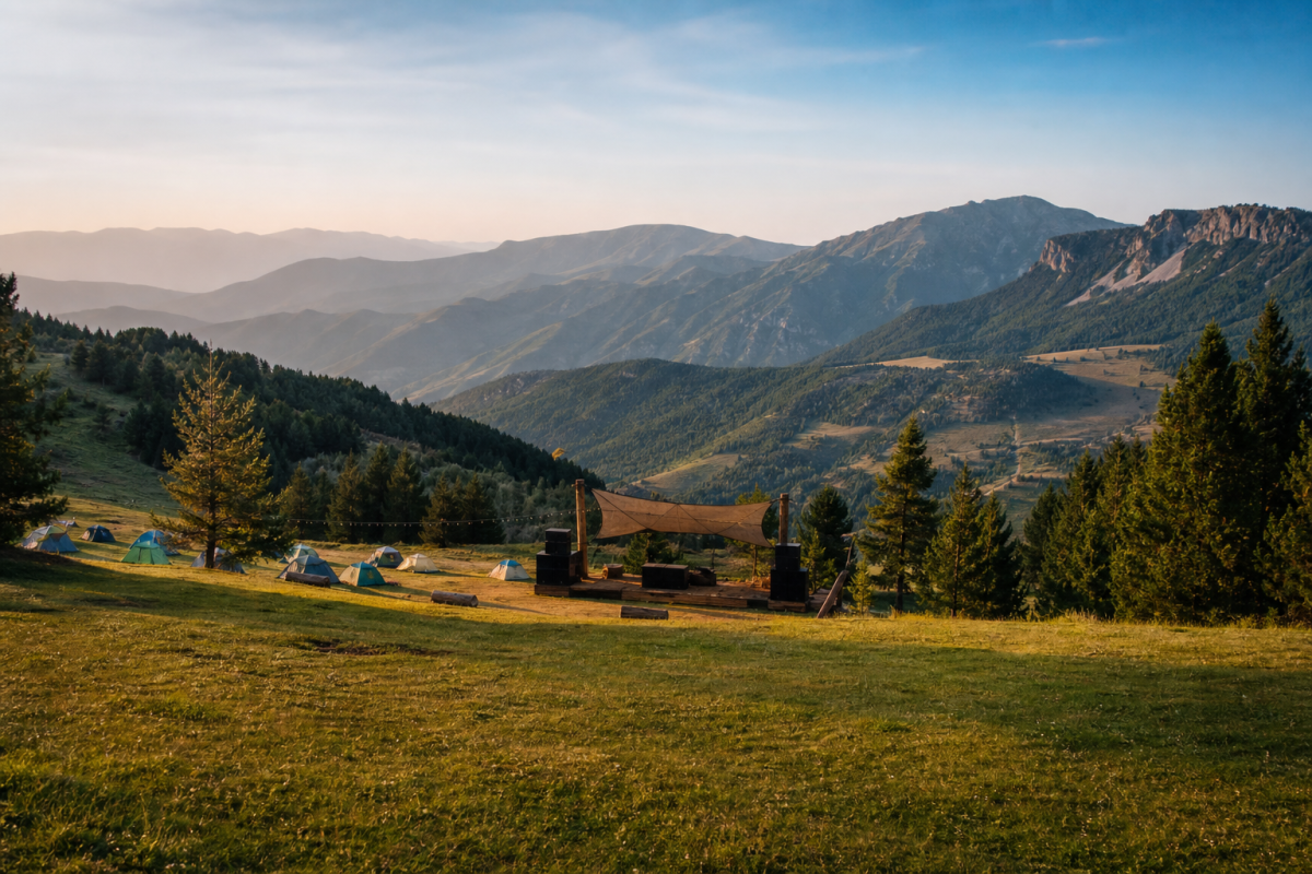 Escenario de un festival de música electrónica en un paisaje de montaña
