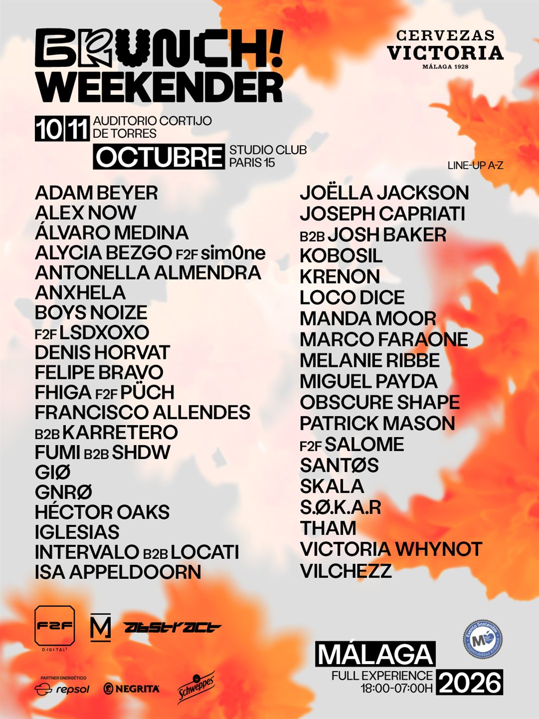 Cartel completo de Brunch Weekender Málaga 2026 con fechas y artistas
