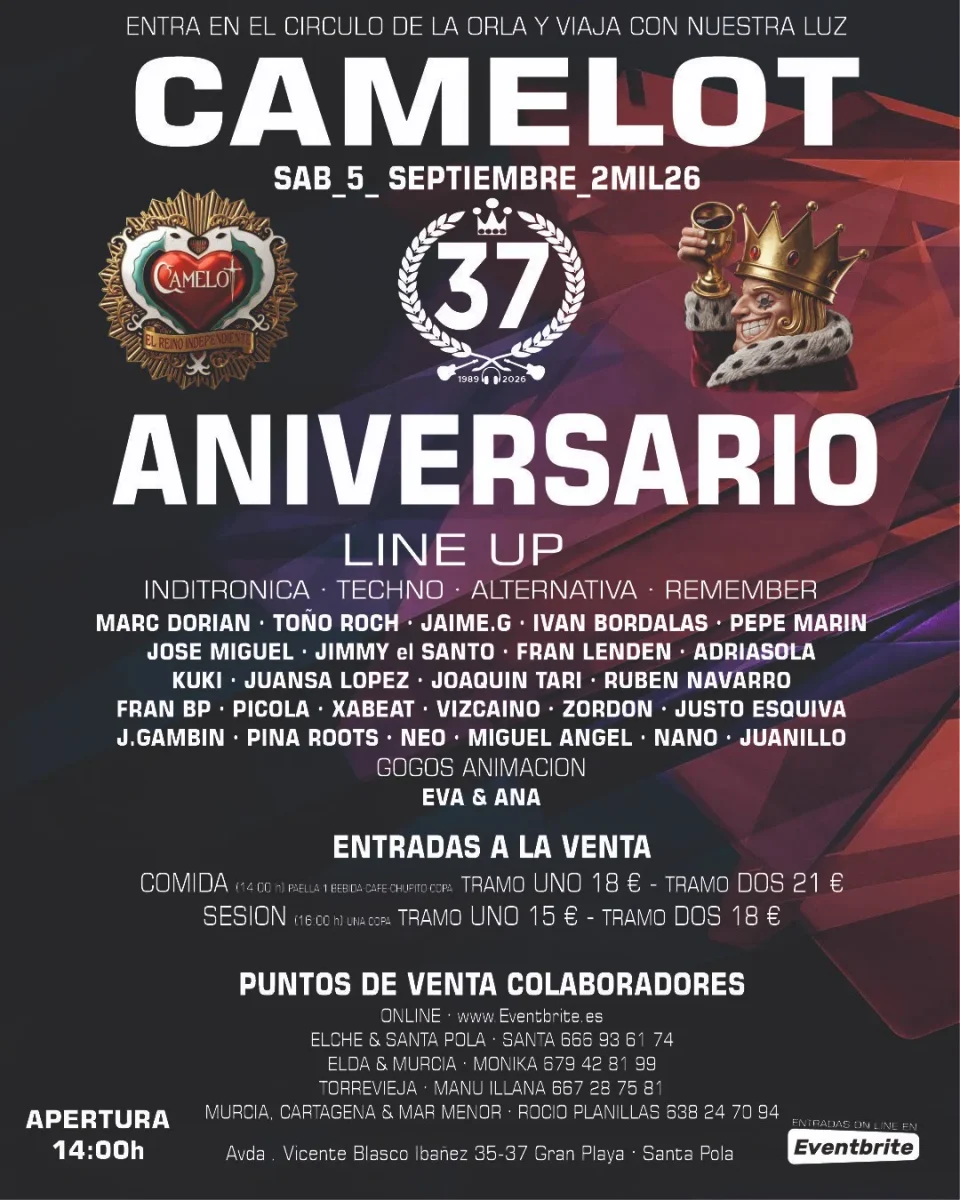 Cartel completo del 37 aniversario de Club Camelot en Santa Pola