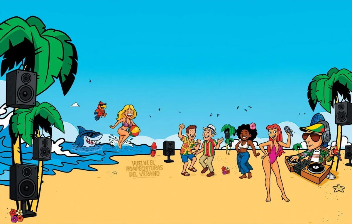 Ilustración oficial de Caribe Mix Festival con una fiesta frente al mar.