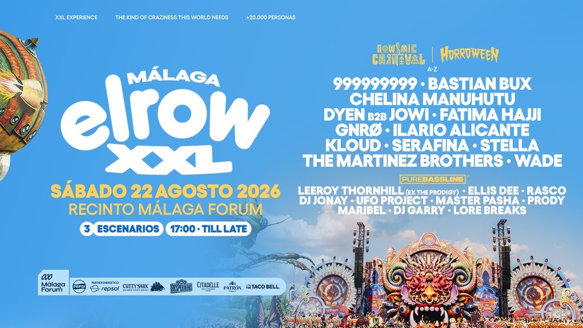 Cartel oficial de elrow XXL Málaga 2026 con The Martinez Brothers, 999999999 y Fatima Hajji