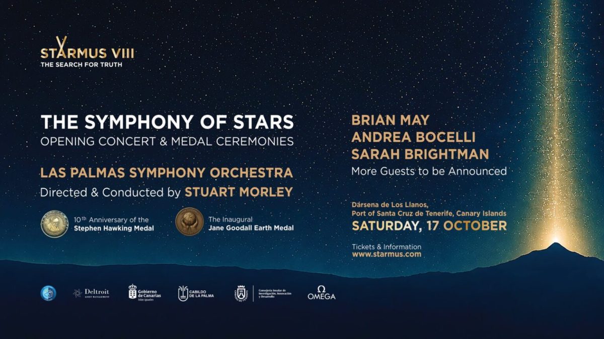 Cartel del concierto inaugural de Starmus VIII con Brian May, Andrea Bocelli y Sarah Brightman