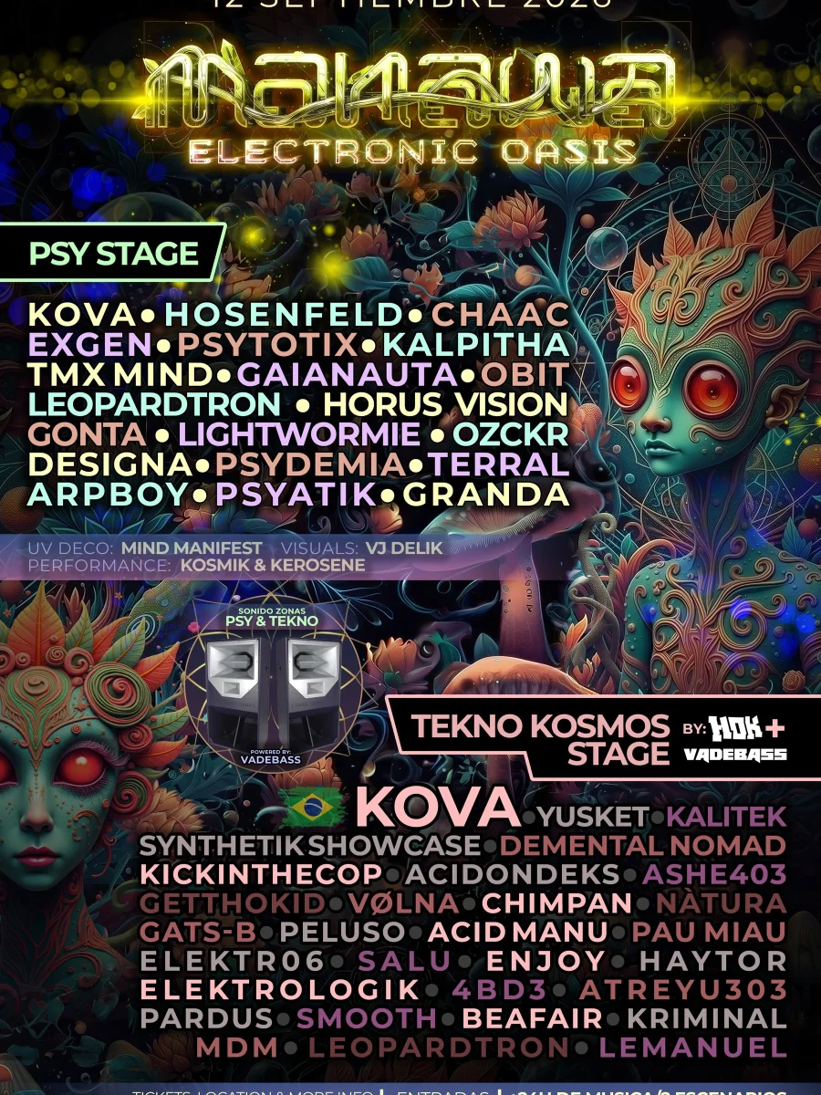 Cartel completo de Manawa Electronic 2026 con artistas y escenarios