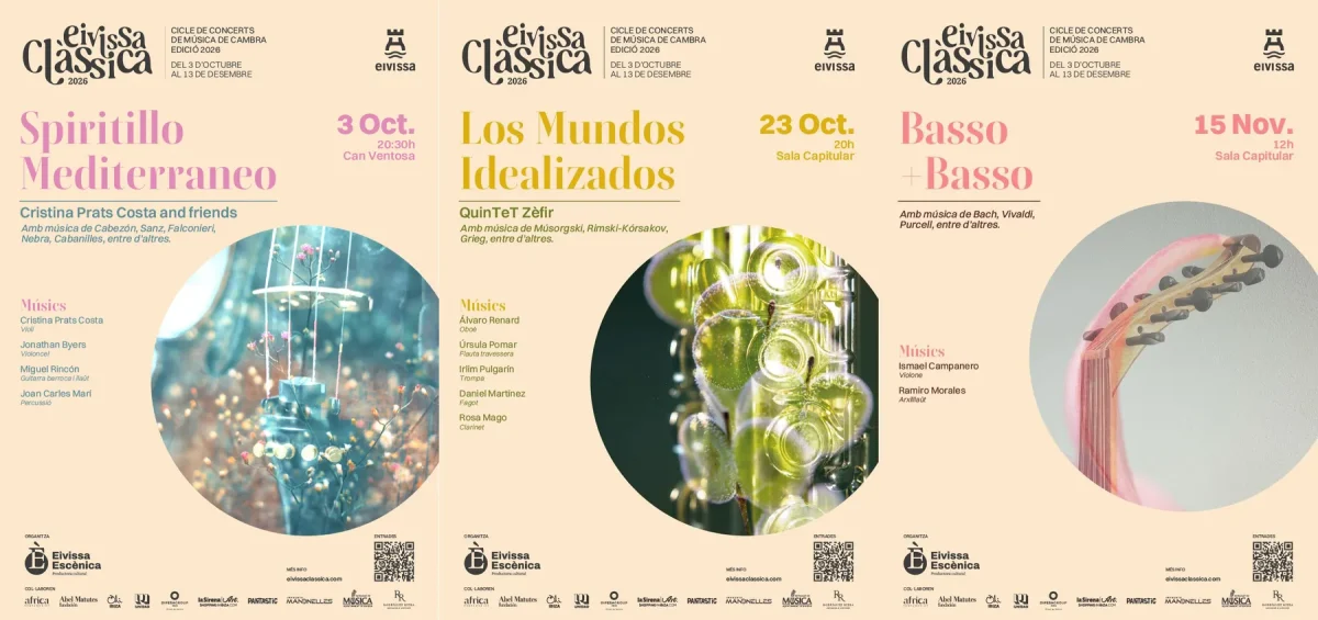 Tres carteles oficiales de Eivissa Clàssica 2026 con las primeras fechas de octubre y noviembre