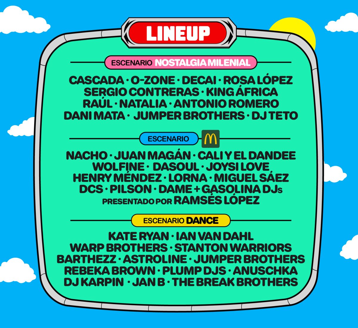 Cartel oficial de Nostalgia Milenial Fest Sevilla 2026 con artistas por escenario