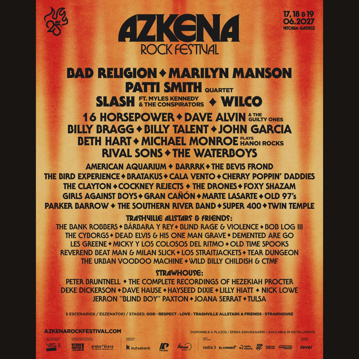 Cartel oficial de Azkena Rock Festival 2027 con los nombres del 25 aniversario