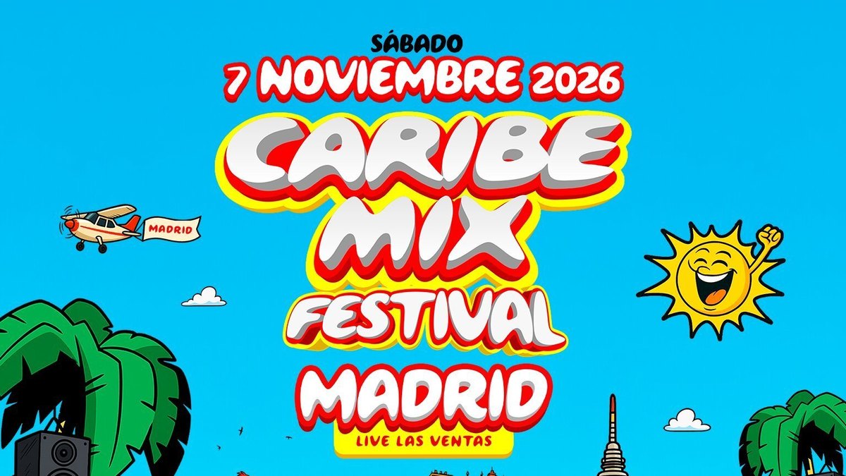 Cartel ilustrado de Caribe Mix Festival Madrid con la fecha del 7 de noviembre de 2026 y el logotipo del festival sobre un cielo azul