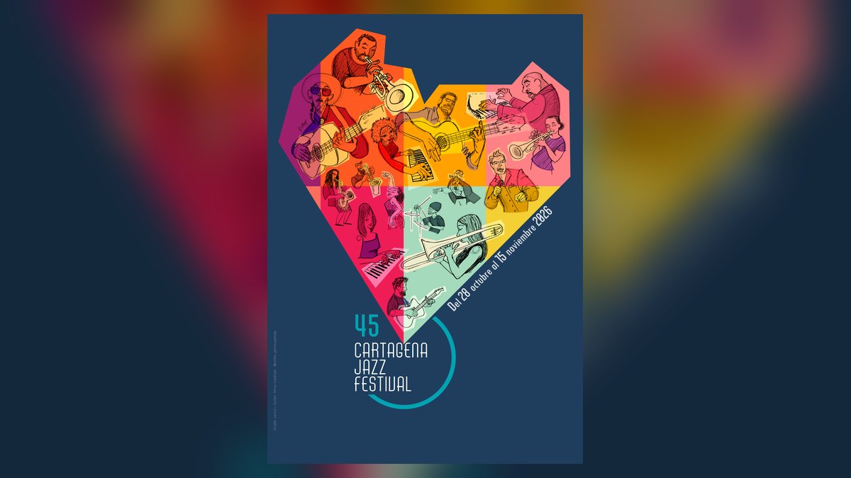 Cartel del 45 Cartagena Jazz Festival, con músicos ilustrados dentro de un corazón y las fechas del 28 de octubre al 15 de noviembre de 2026