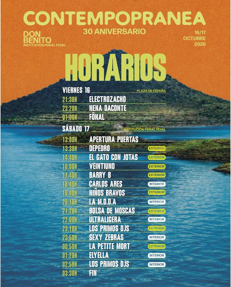 Cartel oficial con los horarios de Contempopránea 2026: viernes 16 en la Plaza de España y sábado 17 en FEVAL, con escenario interior o exterior para cada artista