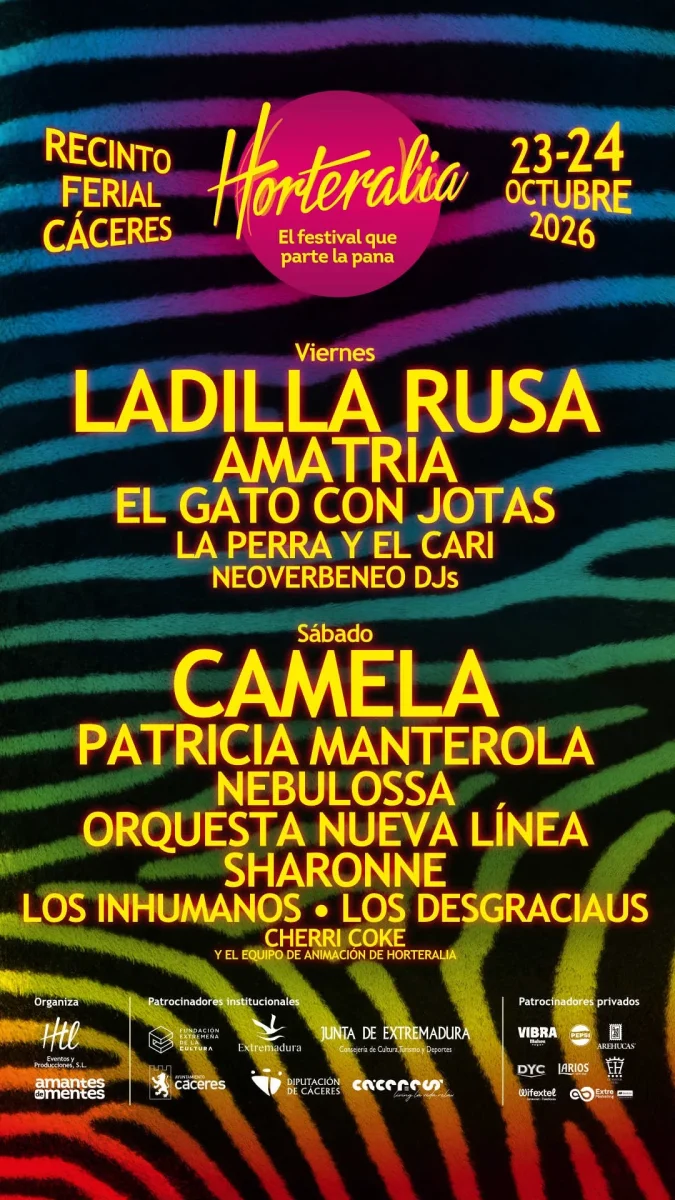 Cartel de Horteralia Cáceres 2026 con los artistas de ambas jornadas