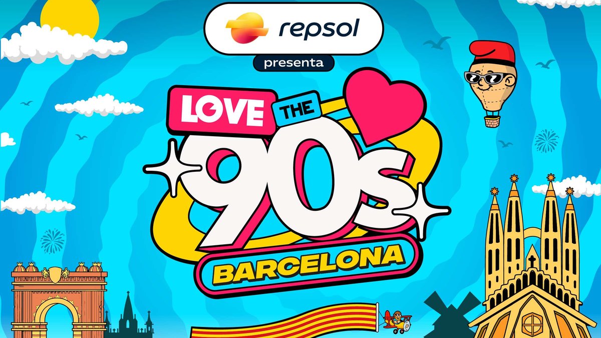 Imagen oficial de Love The 90s Barcelona 2026 con el logotipo del festival, el Arc de Triomf y la Sagrada Família