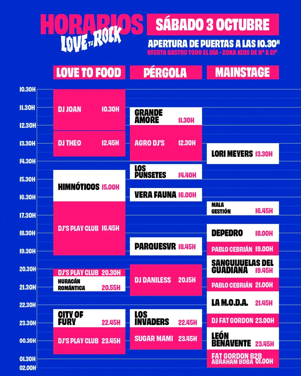 Horario actualizado de Love To Rock para el sábado 3 de octubre de 2026, con Lori Meyers a las 13:30