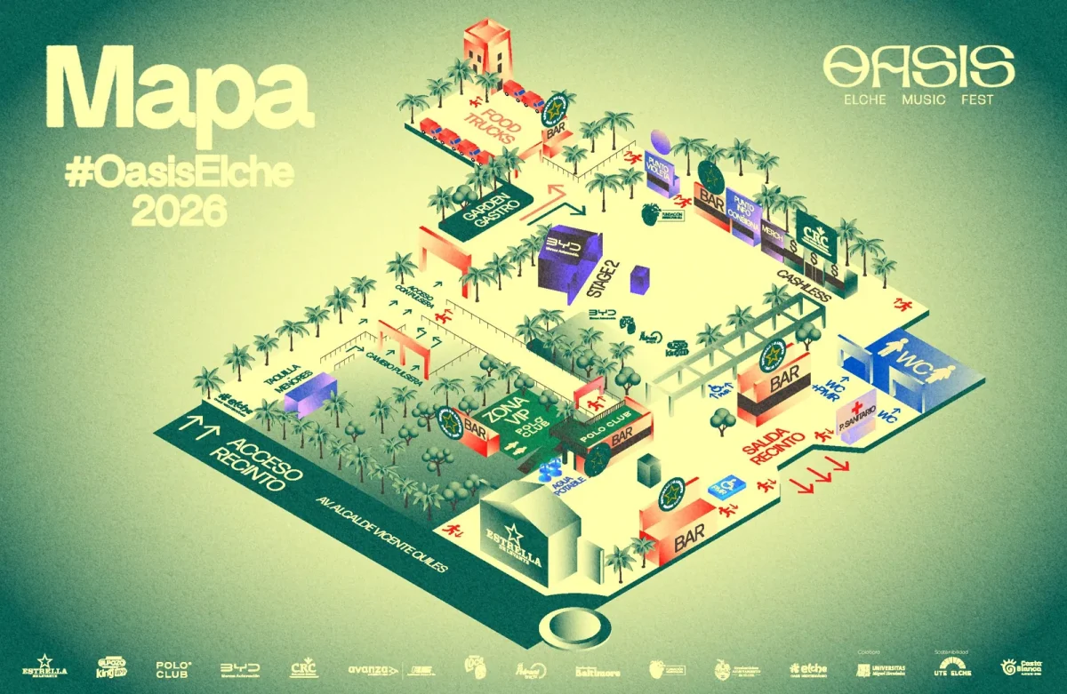 Plano oficial del recinto de Oasis Elche Music Fest 2026 con entrada y salida
