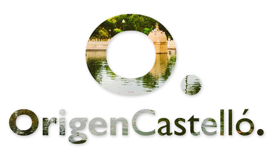 Logotipo de Origen Castelló con una fotografía del estanque del Parque Ribalta dentro de las letras