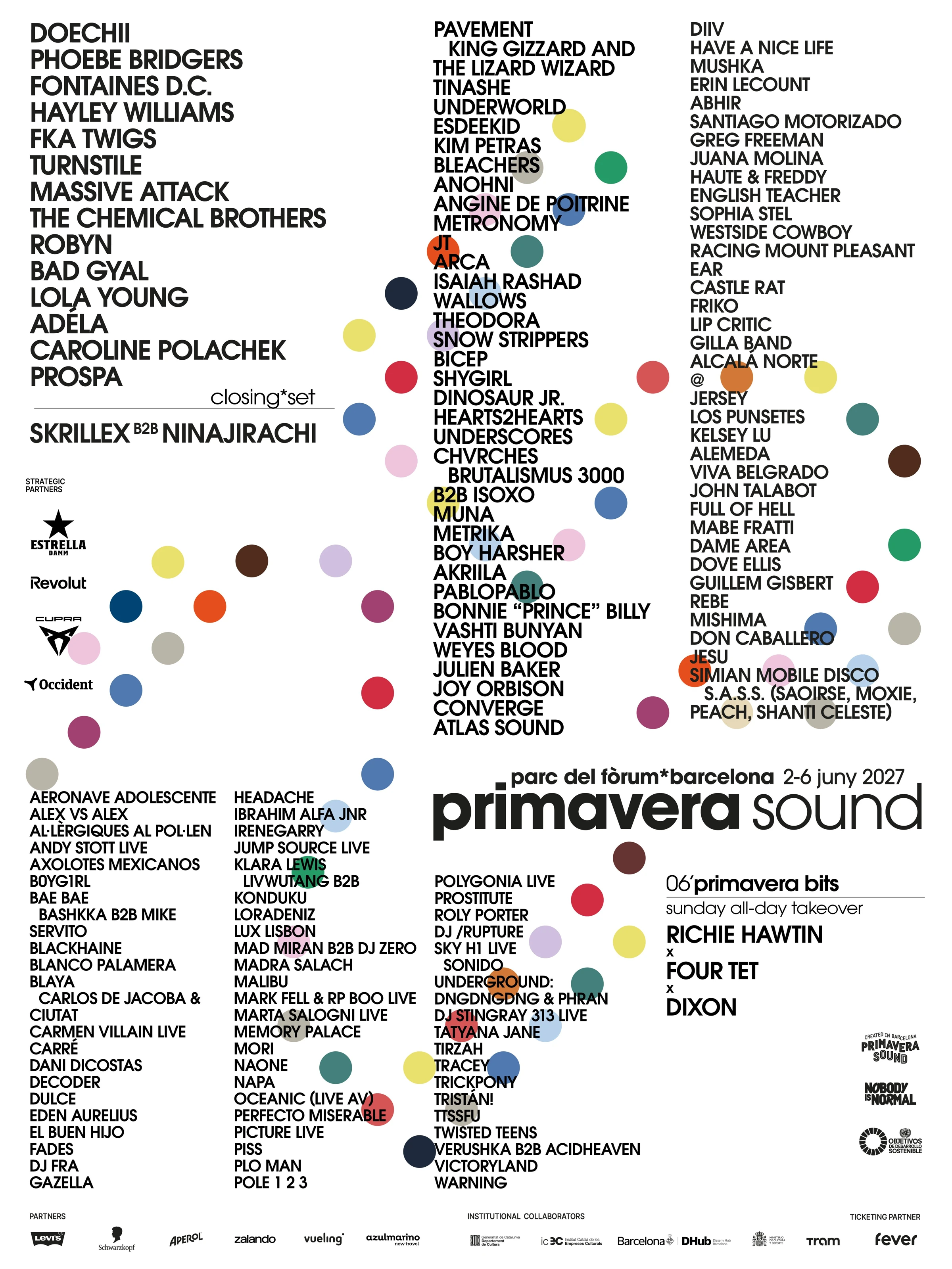 Cartel oficial de Primavera Sound Barcelona 2027 con los artistas confirmados y fechas del 2 al 6 de junio