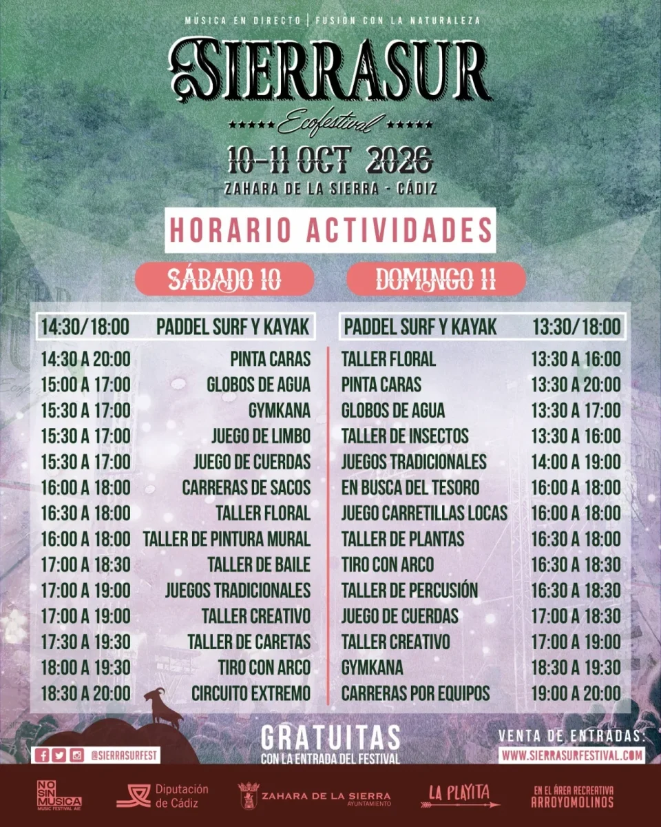 Horarios de juegos y talleres de Sierra Sur 2026
