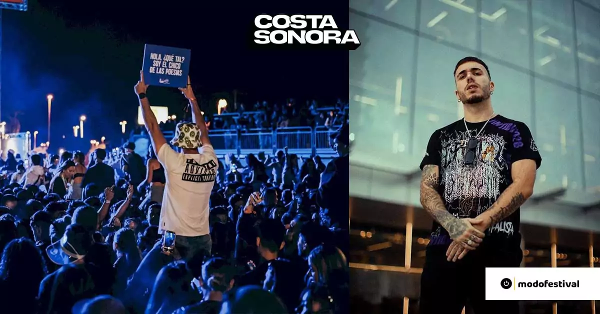 Multitud disfrutando del festival Costa Sonora 2025 en Alicante y Hard GZ posando frente a un edificio moderno