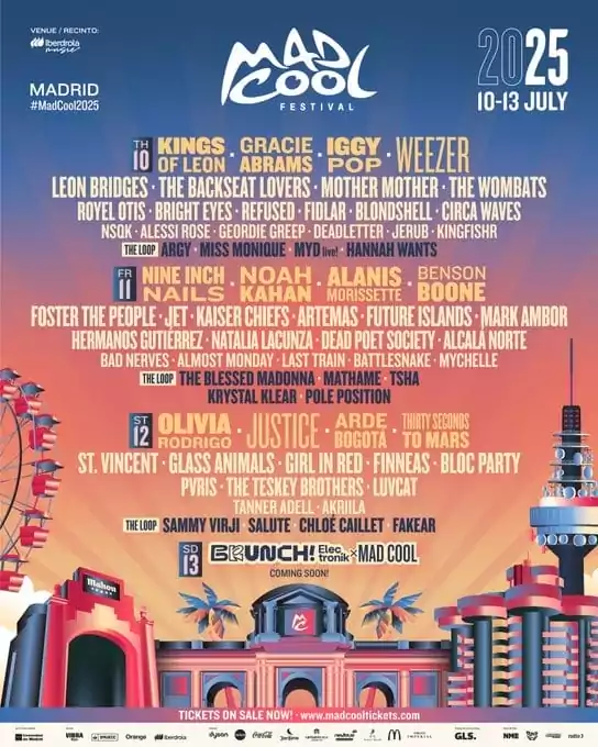 Cartel oficial del festival Mad Cool 2025 en Madrid, con artistas como Nine Inch Nails, Olivia Rodrigo, Justice e Iggy Pop. Fechas: 10-13 de julio.
