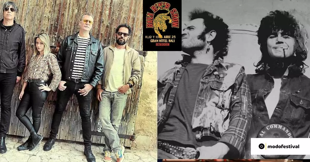 Miembros de Fundación Francisco Frankestein y Commando 9 MM posando, promoción del Bali R’N’R Show 2025 en el Gran Hotel Bali, Benidorm.