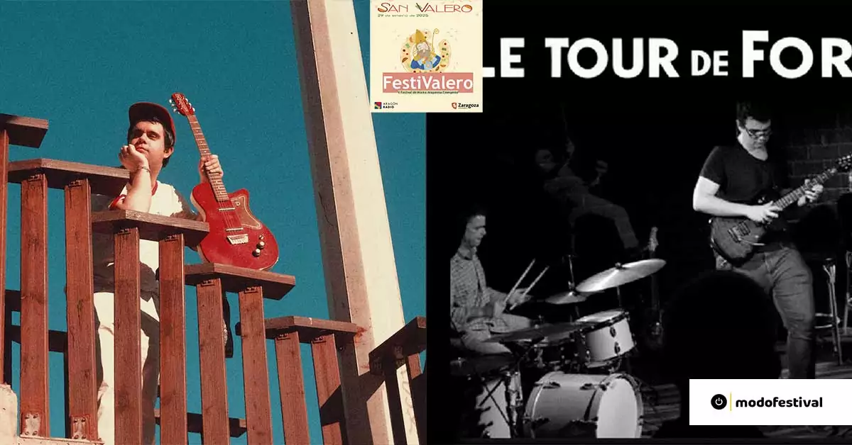 Pablo Estallo y la banda Le Tour de Force en el FestiValero 2025, Zaragoza, con guitarra roja y batería en escena.