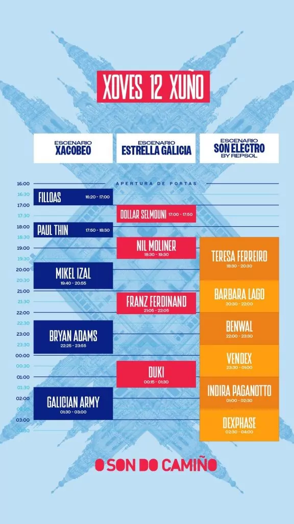 horarios oficiales de actuación para O Son do Camiño 2025